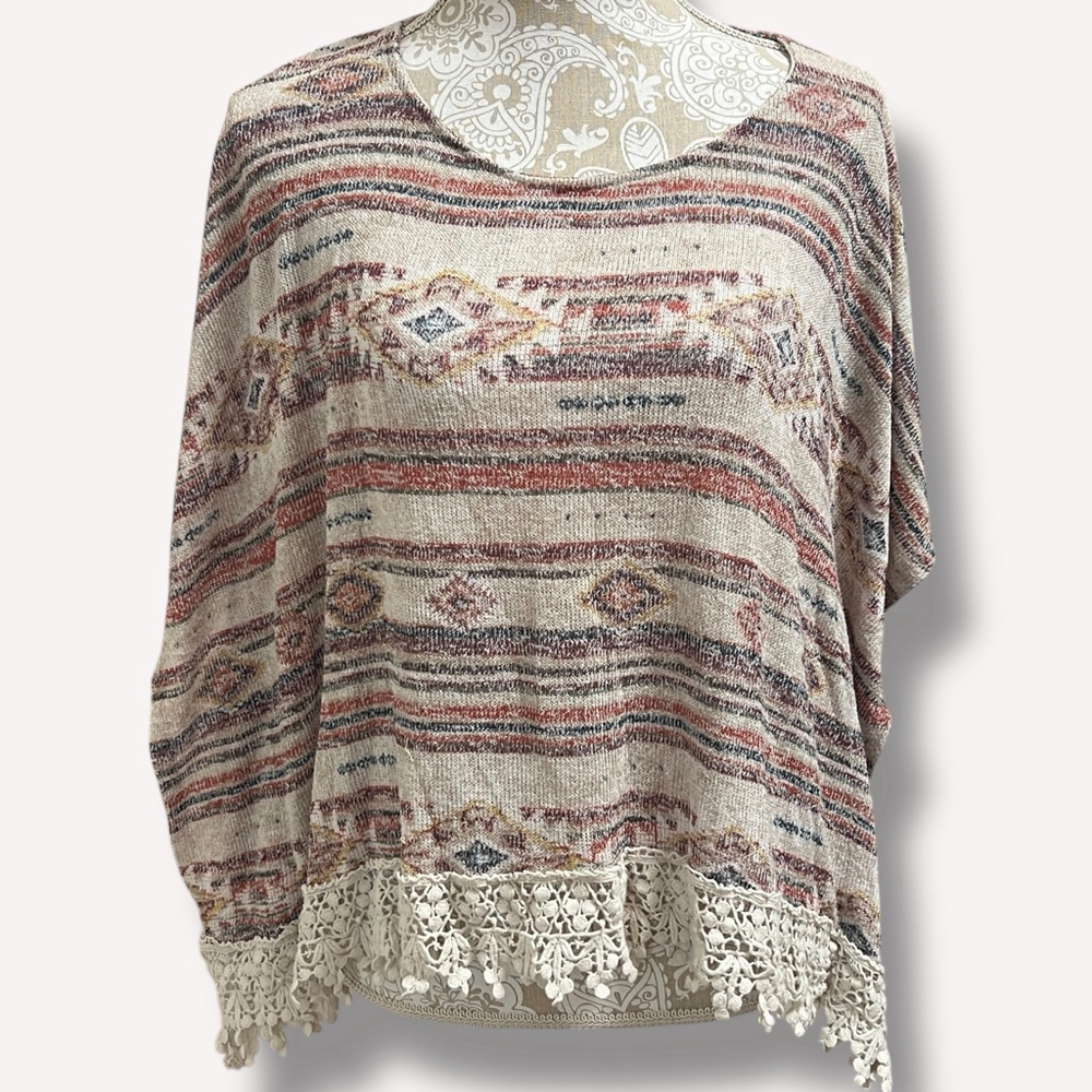 American Rag Aztec Poncho Top S/M Boho Crochet Lace Hem Oversized USA - Picture 12 of 12